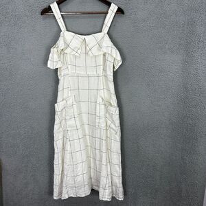 Mango Mng midi dress women small off white windowpane plaid ruffle pockets linen